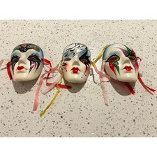 Set of 3 Decorative Mardi Gras Masks Ceramic Hand Painted Ribbons