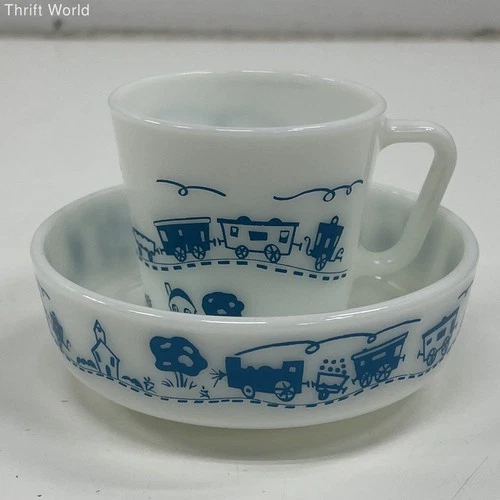 Vintage Pyrex Circus Blue Train Children's Set Bowl 1416 & Mug 1410 Milk Glass