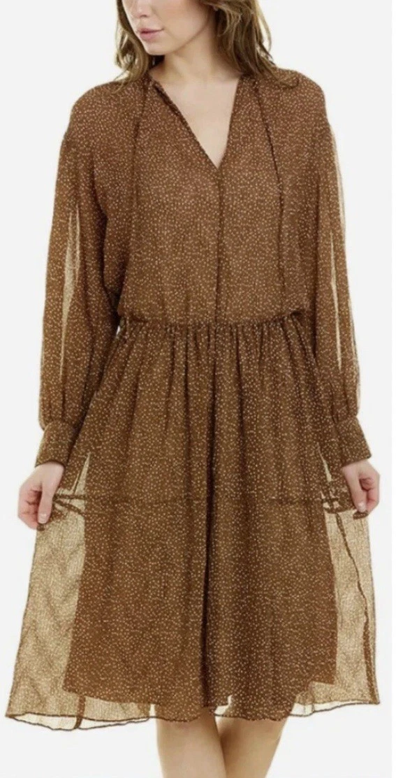 vince polka dot pleated dress Vince Brown Polka Dot Long Sleeve Pleated Midi Dress Large NWT