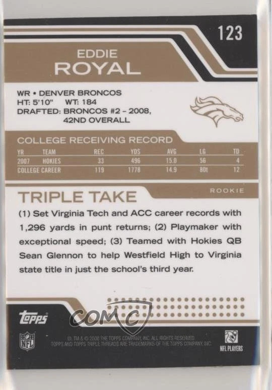 2008 Topps Triple Threads Sepia /75 Eddie Royal #123 Rookie Auto RC - Image 2 of 2