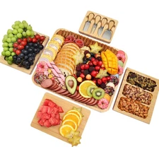 Charcuterie Board Cheese Tray Set with Stainless Steel Knives, Slates and Bow...