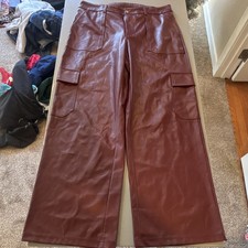 Wild Fable Women s Brown Faux Leather Cargo Pants Pockets Button Closure L