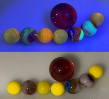 Vintage UV Marble Lot 8 - 3 Uranium Glass Green Glow, Cadmium Orange Shooter