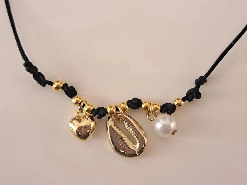 Collana choker nero ciondoli conchiglia perla cuore dorato donna ragazza - Immagine 4 di 4