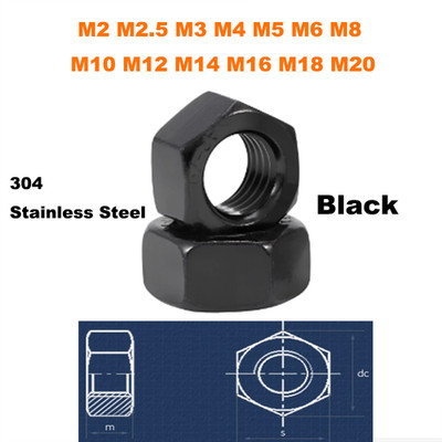 304 Edelstahl schwarz Sechskant Sechskantmutter M2 M2,5 M3 M4 M5 M6 M8 M10- M20