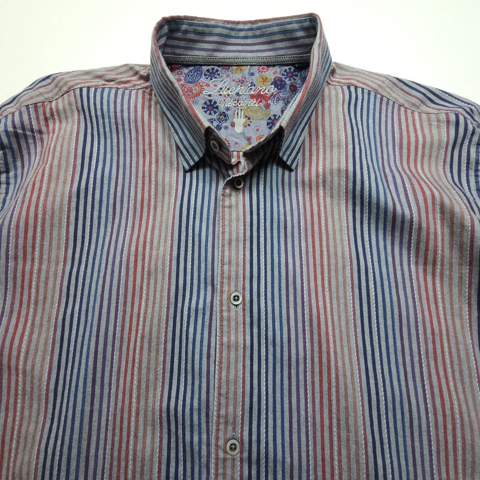 Camisa Luchiano Visconti Hombres XL Gris Rojo Azul Pin Rayas Informal Puño Abatible Oficina Foto 4 de 4