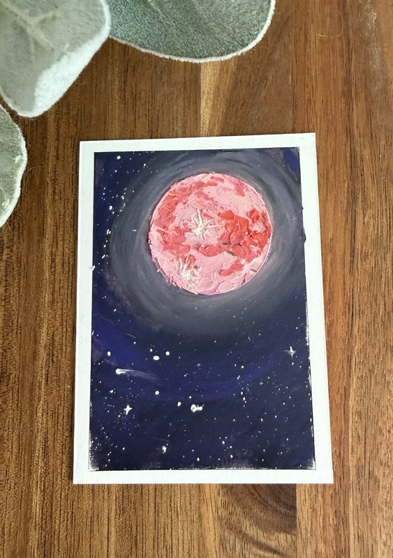ACEO Original Oil Pastel Pink Strawberry Moon FULLMOON Space Stars Celestial Art