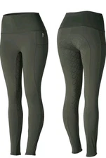 Horze Gillian Womens Silicone Full Seat Tights Beetle Khaki Green Size US 28