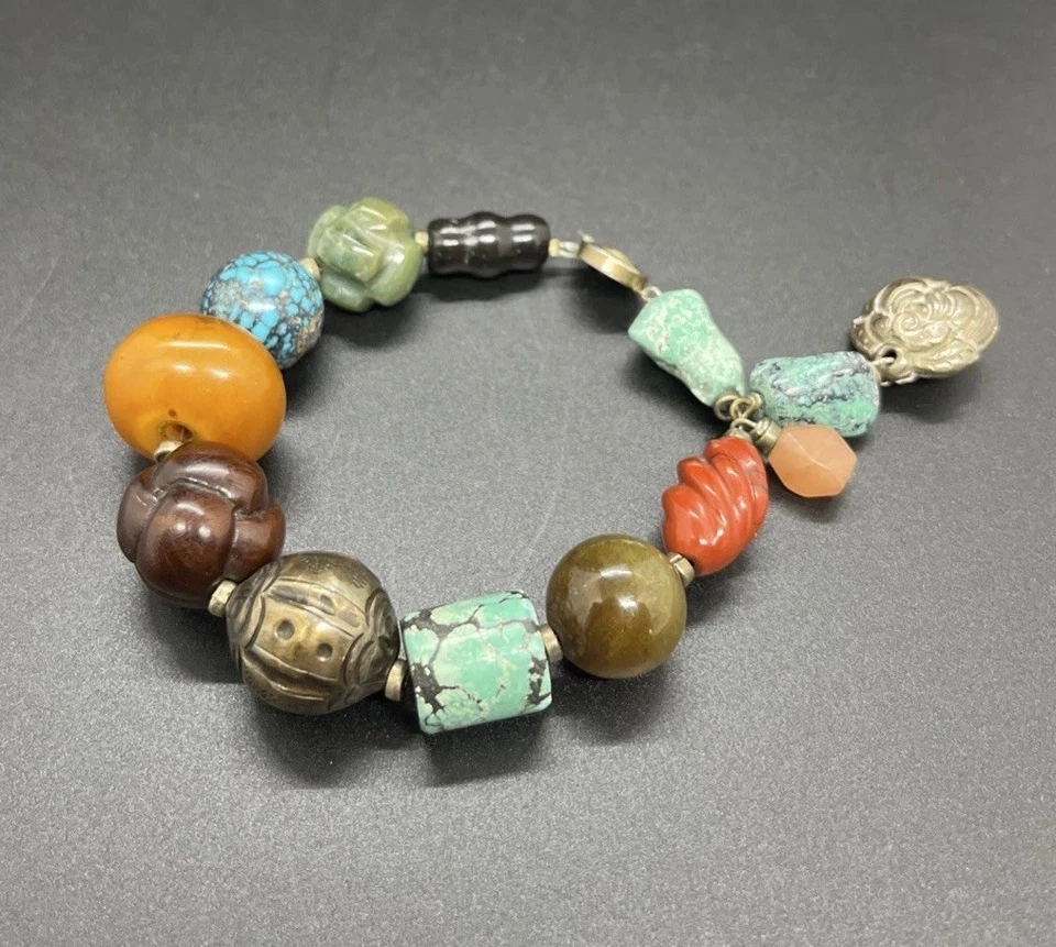 Pulsera Artesanal Vintage Semi Preciosa Gruesa Piedra Natural Madera 925 Boho Foto 4 de 4