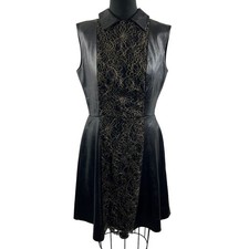 SOPHIA KAH Black Lambskin Leather & Lace Panel Sleeveless Sheath Dress Size 16