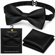 Men's Black Satin Bow Tie  Pocket Square Set Pre-Tied Adjustable Formal