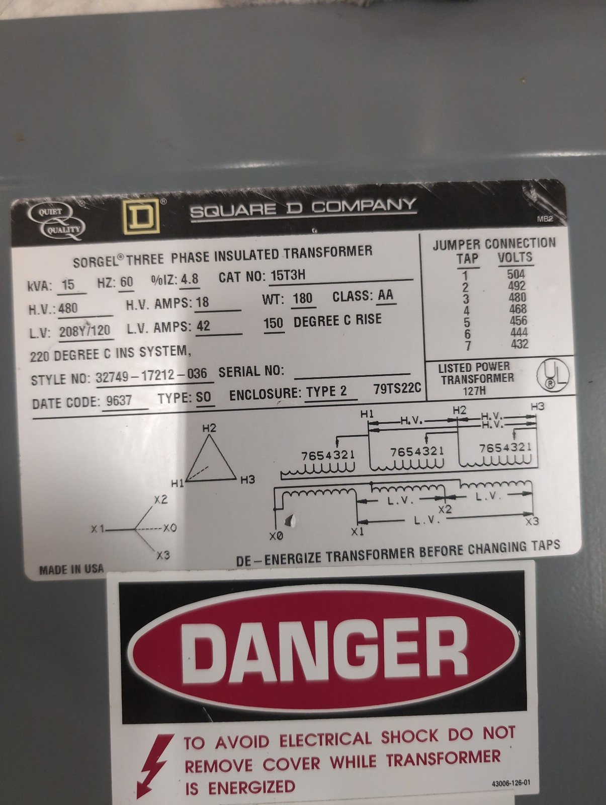 15kVA Pri 480V Sec 208Y/120V 3PH Indoor Transformer Square D 15T3H