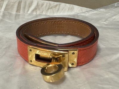 Auth HERMES Kelly Double Tour T Mark Bracelet TFS 006 GX orange Leather 