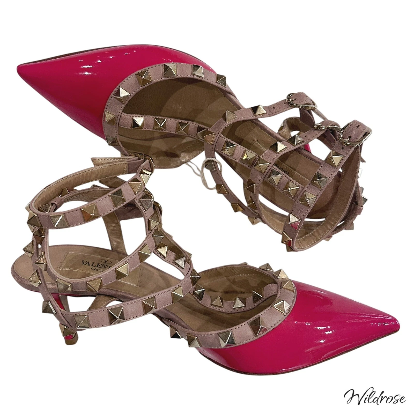 VALENTINO GARAVANI NAPPA VERNICE PELLE ROSA CALDO ROCKSTUD CINTURINO ALLA CAVIGLIA TACCO TG 5