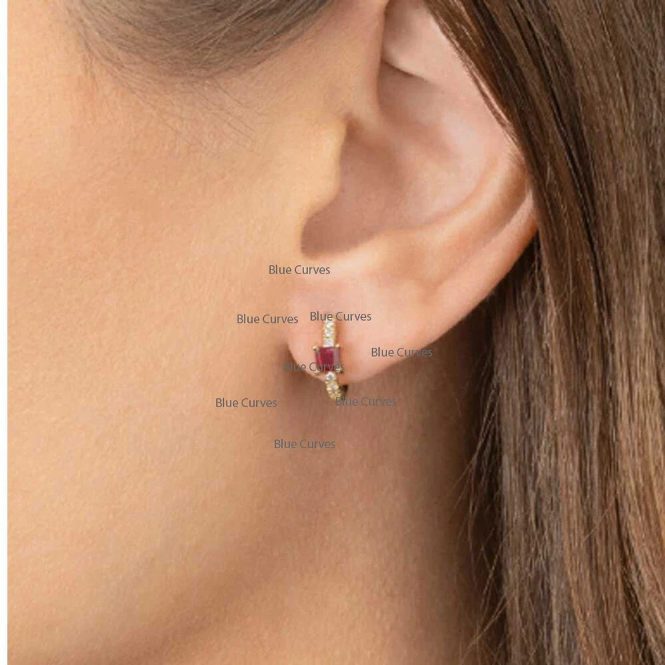 Pendientes Huggies Mini Aros Diamantes Princesa Rubí Oro 14k Sólido Joyería Fina Foto 2 de 2