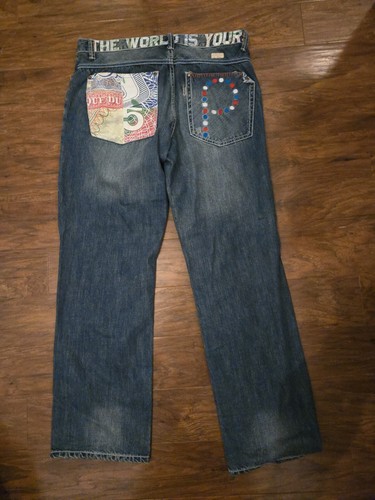 Parish Jeans Mens Size 36x32 The World Is Yours Designed Pockets Denim Y2k