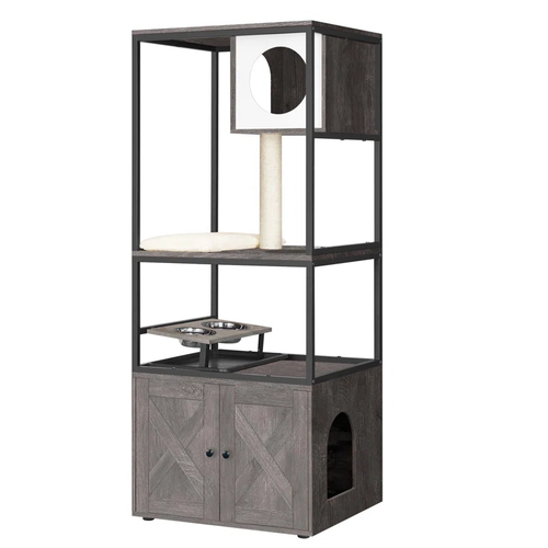 58" Cat Condo with Litter Box Enclosure & Elevated Bowls - Picture 2 of 13