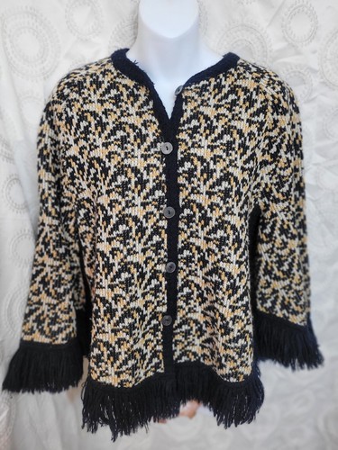 Vtg 60s MCM Leopard Print Pattern Black Fringe Sweater Cape M Union Made - Picture 4 of 6