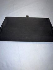 Vintage Black Satin Evening Clutch Bag Silver Kiss Lock Formal Wedding Cocktail