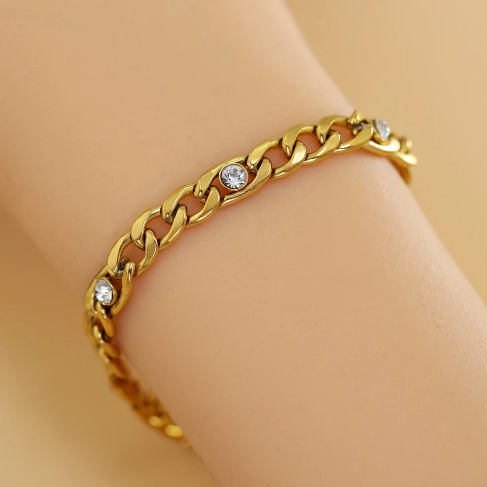 Minimal 18K Gold GP Bezel CZ 6mm Curb Ring Link Mens Womens BANGLE BRACELET GIFT Foto 3 de 4