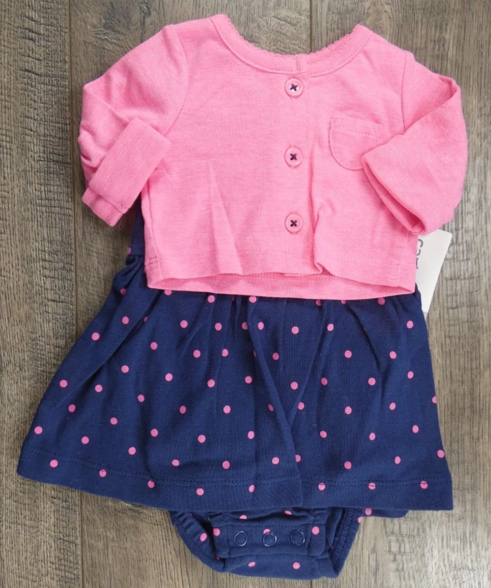 Baby Girl Clothes New Carter's Newborn Blue Pink Polka Dot 2pc Dress & Sweater
