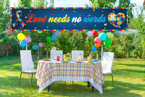 Love Needs No Words Fence Banner Autism Awareness Puzzle Piece Heart Party Photo - Picture 5 of 6