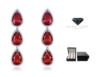 White gold finish pearcut red ruby and created diamond droplet earrings freepost