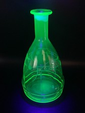 Bohemian Uranium Vaseline Cut Glass Decanter Etched Flowers No Stopper c.1920s
