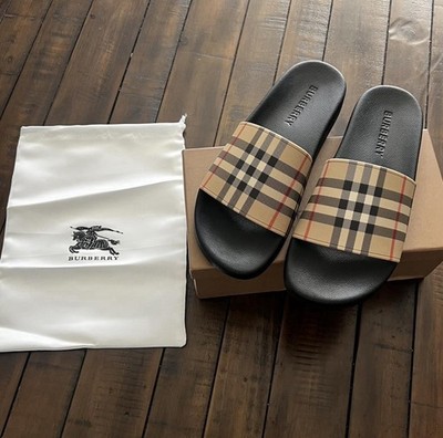 Burberry Check Logo Slide Sandals US 10 Black/Beige Leather Slip-On EU 43