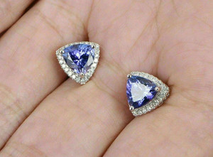 Authentic 14k White Gold Plated 3Ct Trillion Tanzanite & Diamond Lab Created Stud Earrings