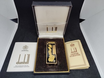 Vintage Dunhill Rolla gas lighter Black Lacquer Gold Powder Pattern with box