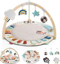 Baby Play Gym & Activity Mat, 5 Developmental Zones Wooden Tummy Time Mat with 5