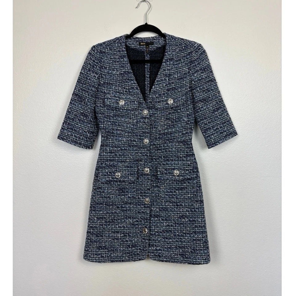 Платье Maje Tweed на пуговицах спереди классическое опрятное Rollye вязаное синее 38 среднее - Изображение 2 из 4
