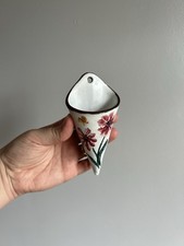 Vintage Ceramic Wall Pocket Vase NO CHIPS Hand Painted Floral Butterfly Cone