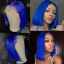 Blue 13x4 Lace Front Bob Human Straight Hair Wig -10 Inch, 150 Density