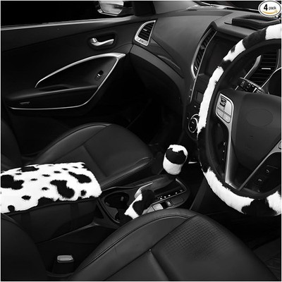 4PCS Cow Print Car Accessories Set, Fluffy Cute Cow Print S Color: 4-Piece Set