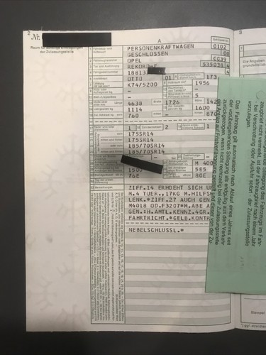 GM Opel Rekord E 1978 Dokumente 1956 ccm Motor 100 PS Abmeldung 04/90 TSN 535