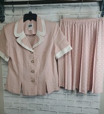 Leslie Fay VTG Skirt Suit Set Women's Size 10-Soft Pink  White Poke A Dot - EC