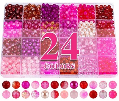 XSEINO About 1200PCS 6mm Glass Beads Bracelet Making Kit,24 Assorted Red and Pin