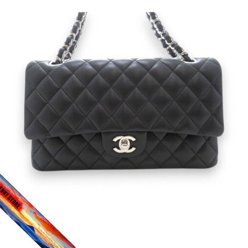 CHANEL Matelasse W Flap 25 W Chain Shoulder Bag Lambskin Black Silver A01112