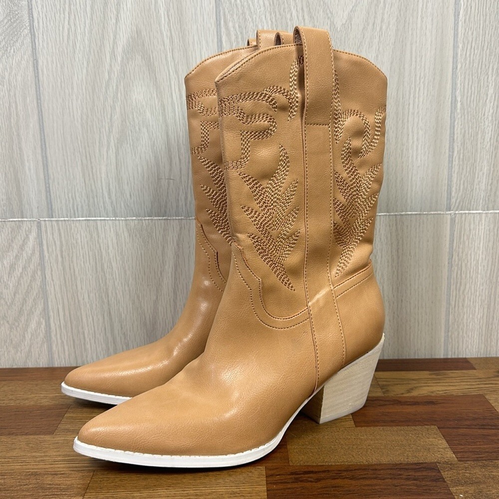 Oasis Society Womens Tan Cowgirl Boots Size 7.5 Pointed Toe Mid Calf Western Style