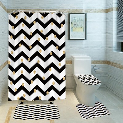 Zig Zag Geometric Bathroom Shower Curtain Set Non-Slip Bath Mat Toilet Lid Cover