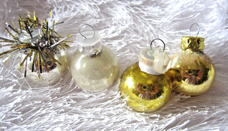 Vintage Lot of 4 SMALL GLASS ROUND BALL 3/4" ORNAMENTS Christmas Gold Silver