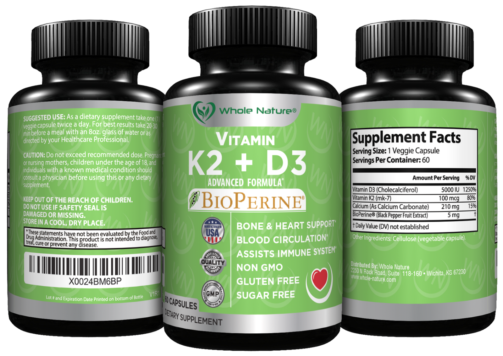 K2 D3 Vitamin Supplement With BioPerine With Vegan Calcium , Vitamin