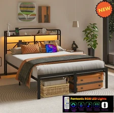Marco De Cama FULL Size Base Plataforma de Metal Cabecera LED Habitacion NEW
