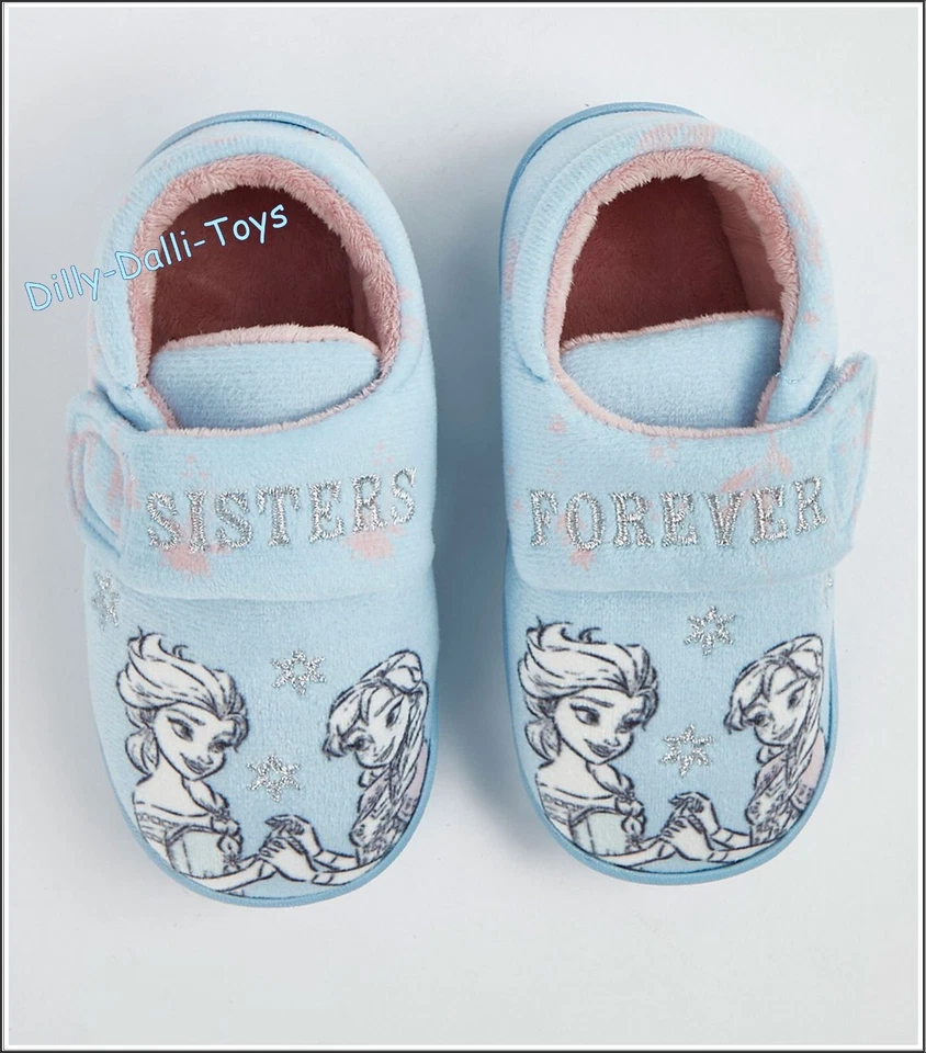 Disney Frozen Girls Slippers UK Size 10 Anna & Elsa Sisters Blue Easy Fasten NEW - Image 3 of 4