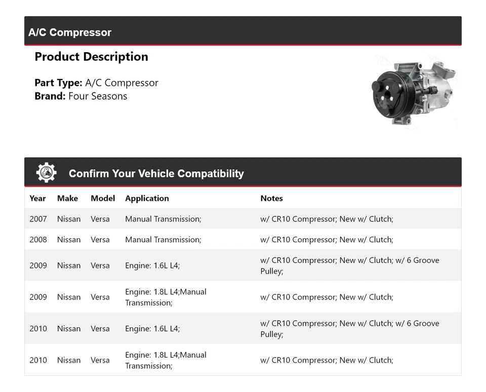 Compresor de aire acondicionado para Nissan Versa 2007-2010 4 estaciones 2008 2009 Foto 2 de 4