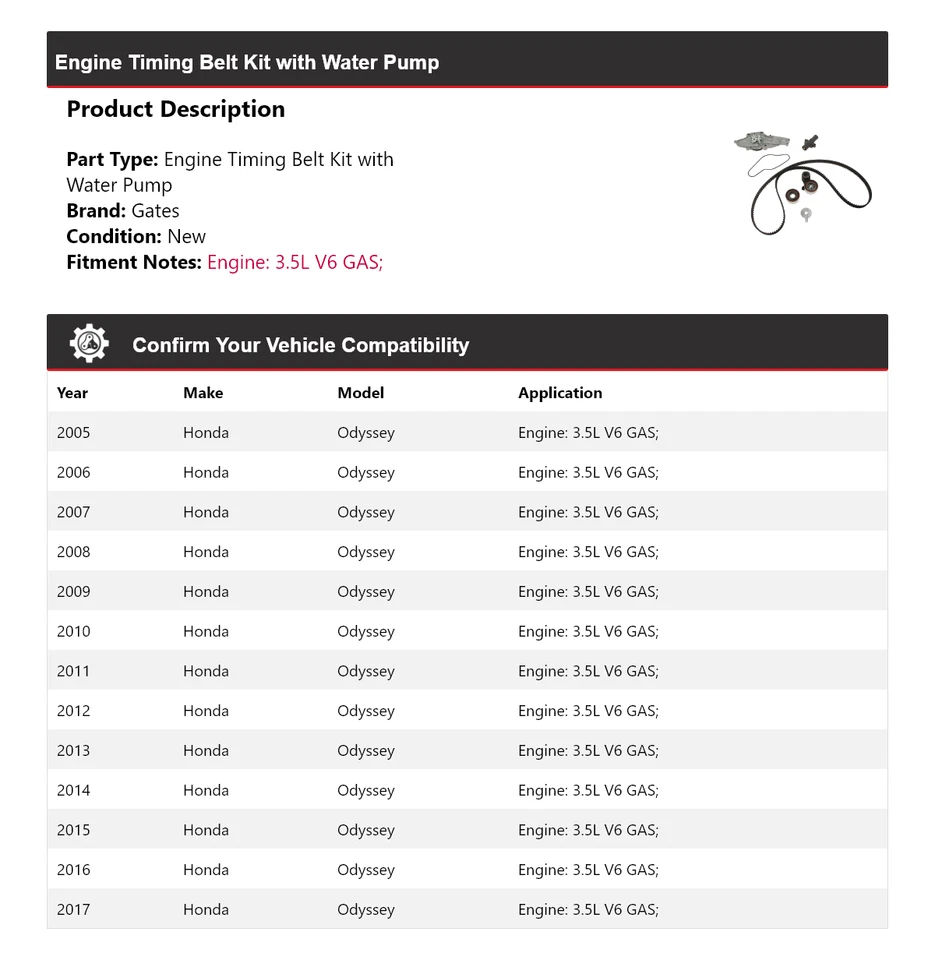 Kit de correia dentada para motor Honda Odyssey 2005-2017 com portões de bomba de água 2006 - Imagem 2 de 4