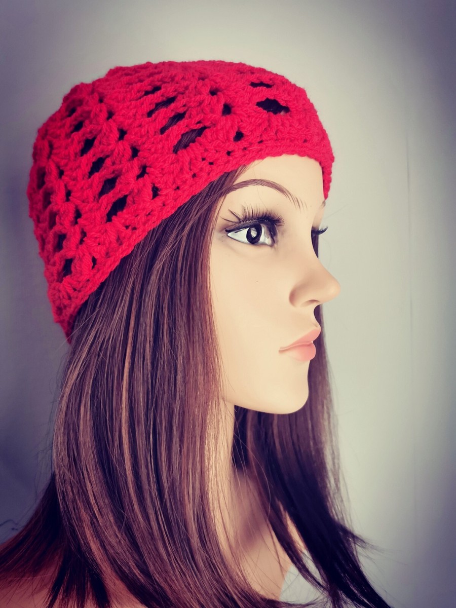 Red Boho Crochet HAT Vintage Retro Skull Cap Ladies Hats HANDMADE