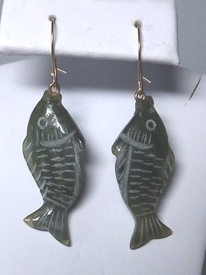 Brand New 14 Karat Yellow Gold Green Jade Hand-carved 3-D Fish Dangle  Earrings | eBay